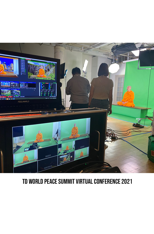 Behind the scenes of a green screen studio shoot with a monk for a the world peace summit virtual conference in 2021