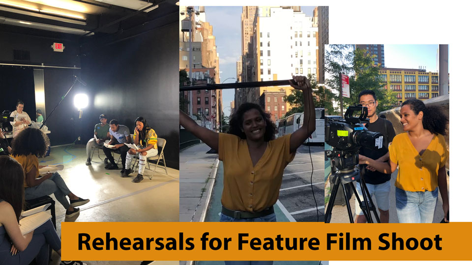 A collage of Dilenia Rodriguez and Members of the production crew during a feature film rehearsal. Rehearsal for a feature film shoot.